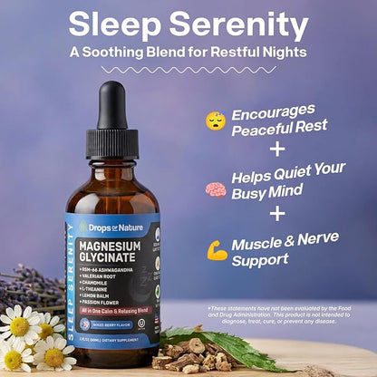 Magnesium Glycinate & Ashwagandha Liquid Drops with Valerian Root, Chamomile, Passion Flower, Lemon Balm & L-Theanine - Vegan Fast Absorption - Supplement for Wellness & Relaxation (Mixed Berry, 60mL)