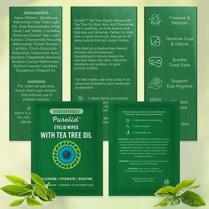200 PCs Tea Tree Eyelid Wipes – Cleaning Eye Wipes for People with Dry Eyes – Gentle Eyelid Cleanser with Hyaluronic Acid, Chamomile and Aloe – Individually Wrapped & Biodegradable - 2 pack