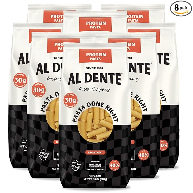 Al Dente Protein Pasta Rigatoni – 30g High Protein, Lower Carb, High Fiber. Artisanal Flavor: Cage-Free Eggs & Semolina. Keto and Point-Based Diet-Friendly. 10oz Bags (Pack of 8)
