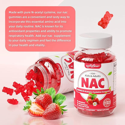 softbear NAC Gummies for Kids & Adults, NAC Supplement 1000mg N Acetyl Cysteine Supports Lung & Liver Health, Antioxidants & Immune System, Strawberry Flavor 60 Count