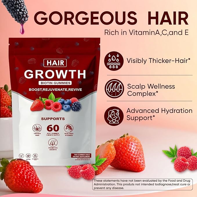 Lumin Hair Growth Gummies – with Biotin, Vitamin C & E, Rosemary, Saw Palmetto – Supports Healthy Hair Growth & Strength, Skin & Nail Care – Mixed Berry Flavor, 60 Gummies (1)