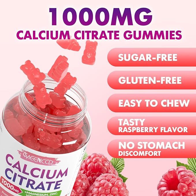 2 Pack Calcium Citrate Gummies 1000mg w/Vitamin D3, High Absorption Calcium Gummies for Women & Men, Plus Magnesium, Potassium, Zinc for Muscle & Immune Support, Raspberry Flavor, 120 Count