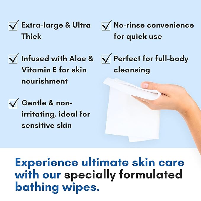 Nurture XL Rinse Free Bathing Wipes for Adults w/Aloe | Waterless Cleansing for sensitive skin | Disposable Adult Body Bath Wet Wipe for Disabled Bedridden | 48 wipes