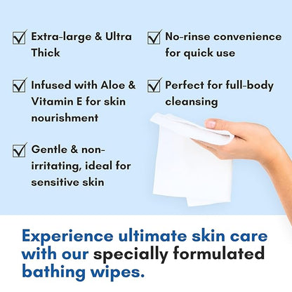Nurture Rinse Free Bathing Wipes for Adults w/Aloe Waterless Cleansing for sensitive skin Disposable Adult Body Bath Wet Wipe for Disabled Bedridden (Pack of 40 (individually wrapped))
