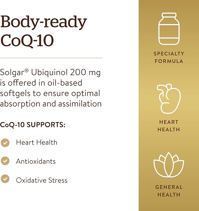Solgar Ubiquinol 200 mg (Reduced CoQ-10), 30 Softgels - Promotes Heart & Brain Function - Supports Healthy Aging - Coenzyme Q10 - Ubiquinone Supplement - Gluten Free, Dairy Free - 30 Servings