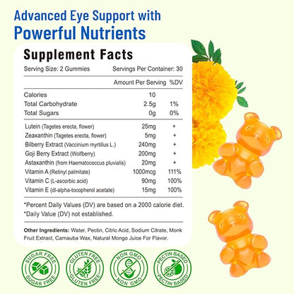 Eye Vitamins Lutein & Zeaxanthin Gummies, Sugar Free Eye Health Supplements with Bilberry, Astaxanthin - Support Blue Light, Visual Function and Macular Health - Mango Flavored, 60 Count