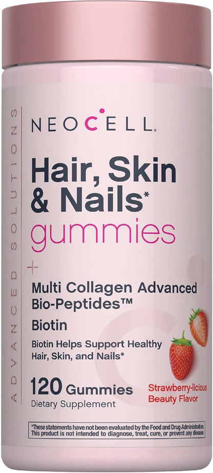 NeoCell Hair Skin and Nails Gummies | 120 Count | with Multi Collagen Advanced Bio-Peptides | Plus Biotin and Vitamin C | Advanced Formula | for Women and Men