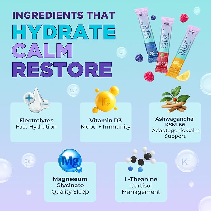 Keto Vitals Calm Magnesium Powder Packets Plus Electrolytes - Calming Drink Mix for Sleep - Natural Magnesium Glycinate Supplement with Ashwagandha KSM 66, L Theanine & Vitamin D - 30 Servings