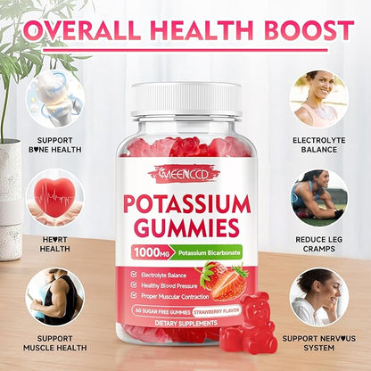 Potassium Gummies, Potassium Bicarbonate Supplement for Adults & Kids, Potassium Supplement for Electrolyte Balance & Muscle Heath, Sugar-Free, Strawberry Flavor, 60 Count