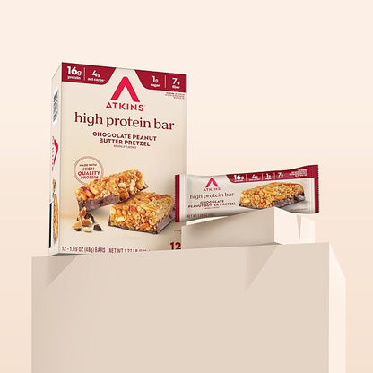 Atkins Chocolate Peanut Butter Pretzel High Protein Bar, High Fiber, 16g Protein, 1g Sugar, 4g Net Carbs, Keto Friendly, 12 Count