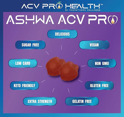 Ashwa ACV Pro Health - Sugar Free Apple Cider Vinegar Gummies with Ashwagandha, Advanced Keto, Stress Relief Supplements with Vitamin D, 1g Carbs Per Gummy (60 Count)