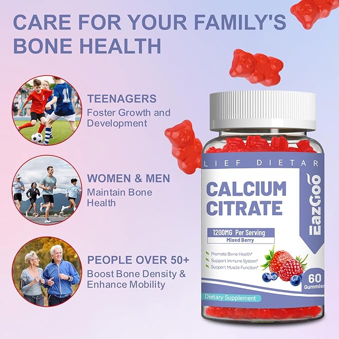 Calcium Citrate Gummies, Chewable 1200mg Calcium Gummies for Women & Men, Calcium Supplement for Muscle & Immune Support, High Absorption, Sugar Free, Mixed Berry Flavor, 60 Count