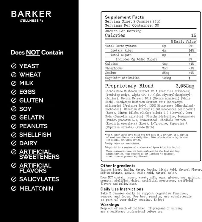 Barker Wellness Mushroom Adaptogen Gummies for Memory & Focus, Brain Health Supplement with Lion's Mane, Cordyceps, Cognizin, Nootropics, Vegan, Sugar-Free Passion Fruit Watermelon Flavor- 60 Count