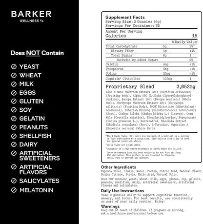 Barker Wellness Mushroom Adaptogen Gummies for Memory & Focus, Brain Health Supplement with Lion's Mane, Cordyceps, Cognizin, Nootropics, Vegan, Sugar-Free Passion Fruit Watermelon Flavor- 60 Count