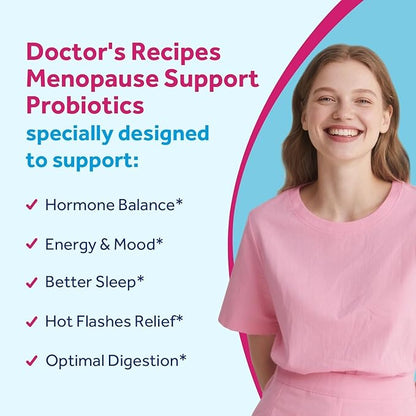 Doctor's Recipes Menopause Probiotic Supplements for Women, Black Cohosh for Menopause Hot Flashes, Probiotics with Ashwagandha, Dong Quai, Supports Energy, 60 Capsules