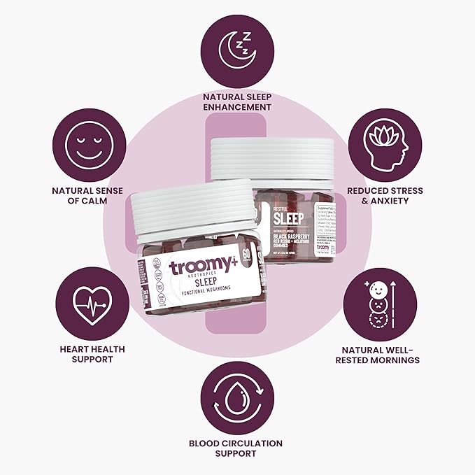 Troomy Sleep Gummies for Adults and Kids, Great Tasting Black Raspberry, Red Reishi Mushroom, Easy Restful Natural Sleep Aid, 60 Count
