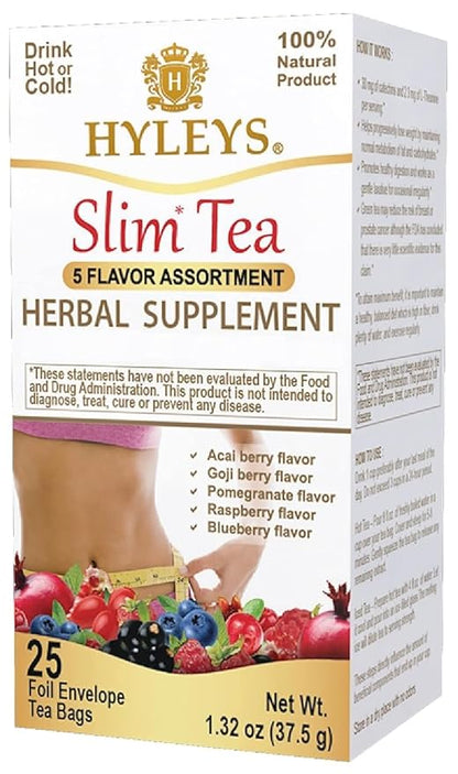 HYLEYS Slim Tea 5 Flavor Assortment - Weight Loss Herbal Supplement Cleanse and Detox - 25 Tea Bags (1 Pack) - Assorted Tea Variety Pack