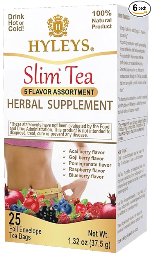 Hyleys Slim Tea 5 Flavor Assortment - Weight Loss Herbal Supplement Cleanse and Detox - 25 Tea Bags (6 Pack)