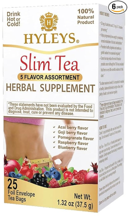 Hyleys Slim Tea 5 Flavor Assortment - Weight Loss Herbal Supplement Cleanse and Detox - 25 Tea Bags (6 Pack)