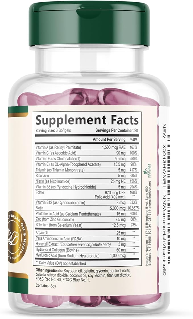 Hair, Skin & Nails Vitamins - Biotin 5000mcg Per Serving - Extra Strength Hair Growth Support For Women with Collagen, Argan Oil - Beautiful Skin, Hair & Nails Supplement - USA Bottled - 60 Softgels