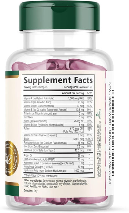 Hair, Skin & Nails Vitamins - Biotin 5000mcg Per Serving - Extra Strength Hair Growth Support For Women with Collagen, Argan Oil - Beautiful Skin, Hair & Nails Supplement - USA Bottled - 60 Softgels