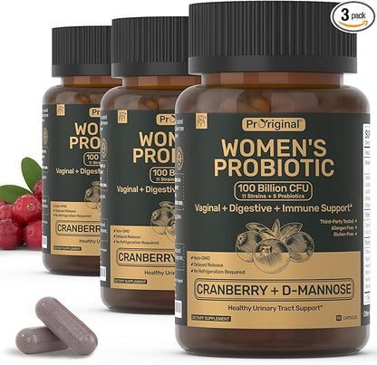 Probiotics for Women – Women’s Probiotic for Digestive, Vaginal, Urinary Health & pH Balance – 100 Billion CFU, 11 Strains with Organic Prebiotics, Cranberry Extract, D-Mannose – Non-GMO, 180 Caps