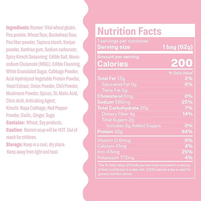 Hethstia Protein Ramen Spicy Kimchi Flavor, 6-Pack Instant Kimchi Noodle Soup, 32g Plant-Based Protein, Vegan, Low Fat, Non-GMO, Healthy High Protein Ramen Meal