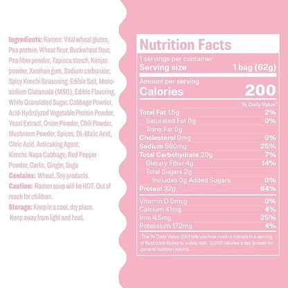 Hethstia Protein Ramen Spicy Kimchi Flavor, 6-Pack Instant Kimchi Noodle Soup, 32g Plant-Based Protein, Vegan, Low Fat, Non-GMO, Healthy High Protein Ramen Meal