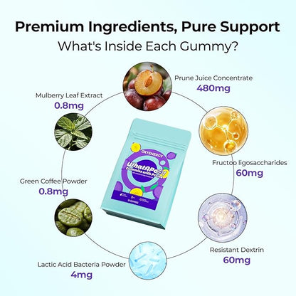 OxyEnergy Prebiotics, Probiotics, Metabolism Gummies for Adults with Prune Digestive Green Coffee Bean & Mulberry Leaf Extract to Support Gut Health, Sugar Metabolism & Energy Release - 30 Gummies