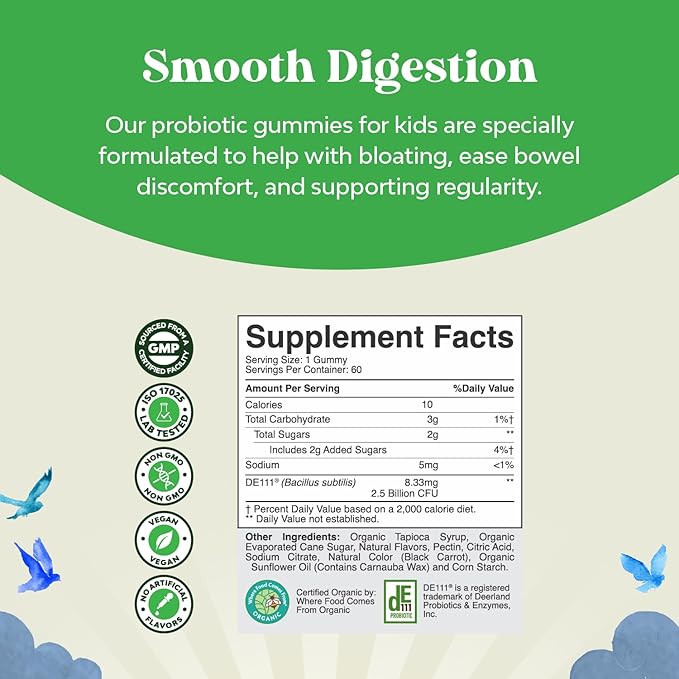 USDA Organic Kids Probiotic Gummies - Gut Bacteria Probiotics for Digestive Health & Stomach Relief - Gentle 2.5B CFU Kids Immune Support & Gut Heath Supplement - Vegan & Non-GMO Chews - 60 Count