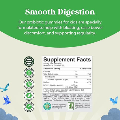 USDA Organic Kids Probiotic Gummies - Gut Bacteria Probiotics for Digestive Health & Stomach Relief - Gentle 2.5B CFU Kids Immune Support & Gut Heath Supplement - Vegan & Non-GMO Chews - 60 Count