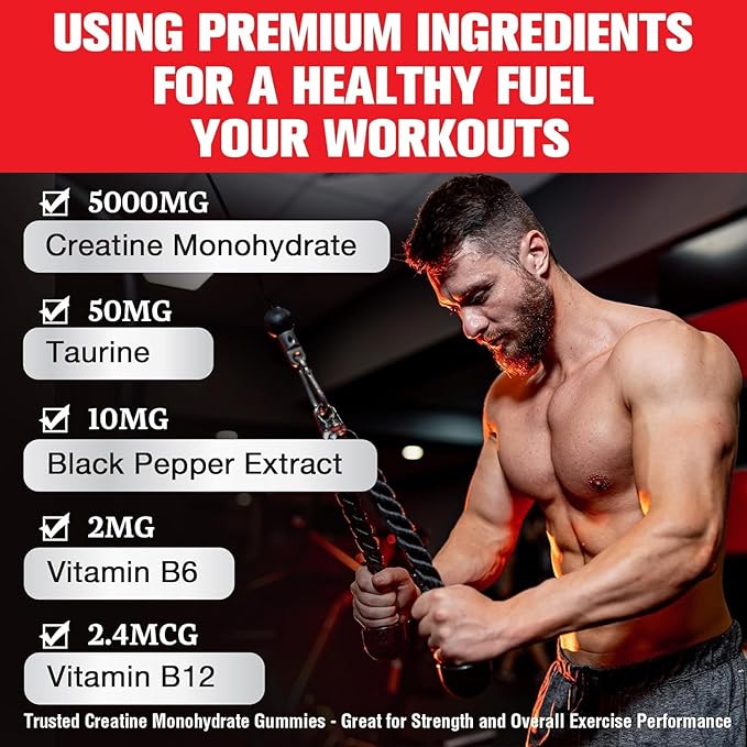 Creatine Monohydrate Gummies for Men & Women - Creatine Pre-Workout Gummies with Taurine & Vitamin B6 B12 for Maximum Strength, Muscle, Energy, Endurance & Focus, Organic, Vegan-60 Count