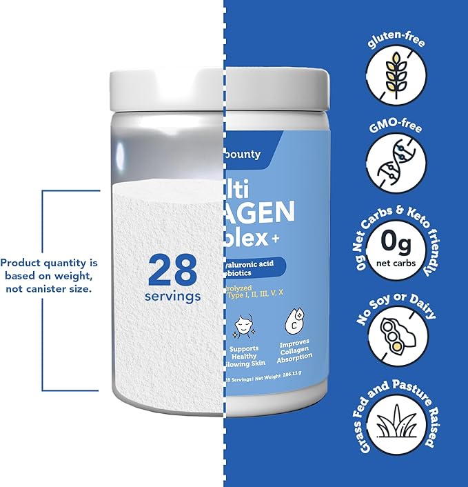 Vitamin Bounty Multi Collagen Peptides Powder for Men & Women (Complex Plus) - 5 Types Hydrolyzed Collagen Protein - Probiotics, Vitamin C & Hyaluronic Acid - Grass Fed Bovine Supplements, 28 Servings