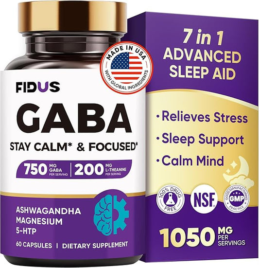 1050mg GABA L-Theanine Ashwagandha - Made in USA - Advanced Sleep Aid & Calm- Magnesium, 5-HTP, Vitamin B6 & B12, GABA (Gamma Aminobutyric Acid) Supplement - Melatonin-Free & Non-Habit Forming