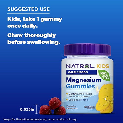 Natrol Kids Magnesium Citrate Gummies, Gently Calm & Relax Little Minds and Bodies, Plus Support Healthy Muscle Relaxation and Function, 30 Razzilicious Gummies, Up to a 30 Day Supply, (Pack of 2)