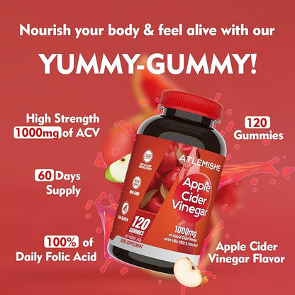 Apple Cider Vinegar Gummies, 120 Count (2 Months), Max Strength 1000mg with B Vitamins & Antioxidants Supports Digestion, Metabolism & Immune Health Vitamin B12, B6, Vegan, Non-GMO
