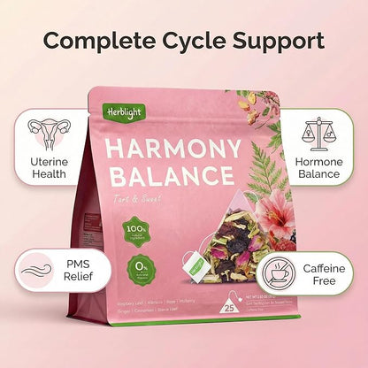 Herblight Harmony Balance Tea with Red Raspberry Leaf, Rose & Ginger - Caffeine-Free Herbal Blend for Women's Cycle Support & Monthly Comfort - Premium Whole Leaf Tea (25 Pyramid Bags)