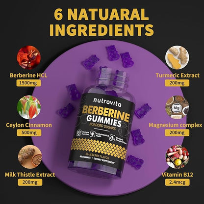 Nutravita Berberine Gummies with Ceylon Cinnamon 1500mg High Potency Berberine HCL Supplement for Immune and Metabolism Support, Sugar Free Organic Berberine Gummies Blueberry Flavor-1PACK