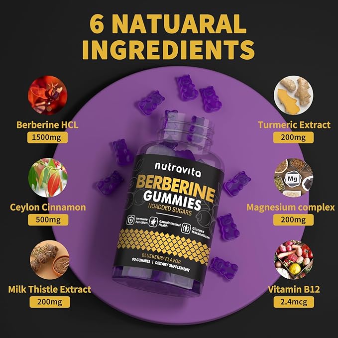 Nutravita Berberine Gummies with Ceylon Cinnamon 1500mg High Potency Berberine HCL Supplement for Immune and Metabolism Support, Sugar Free Organic Berberine Gummies Blueberry Flavor-2PACK