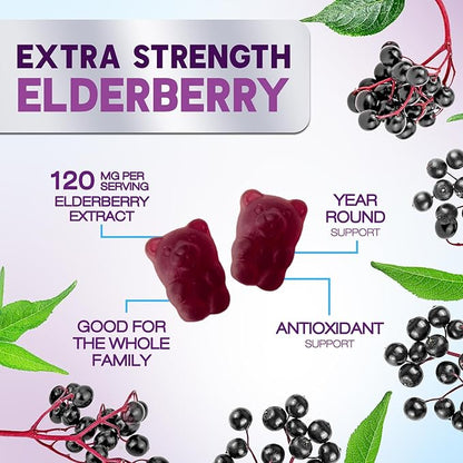 Elderberry Immune Support Gummies - Elderberry Extract Sambucus Nigra - Black Elder Berry Vitamin Supplement - Natural, Daily Immune Support Kids & Adults Love - Delicious Berry Flavor - 60 Gummies