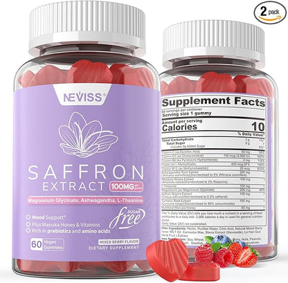 Saffron Supplements Gummies 100mg - 100% Pure Saffron Extract With Magnesium Glycinate, L-Theanine, Turmeric, Ashwagandha, Honey & Vitamin B Complex for Mood & Power, Antioxidant, Vitality - 120 Count