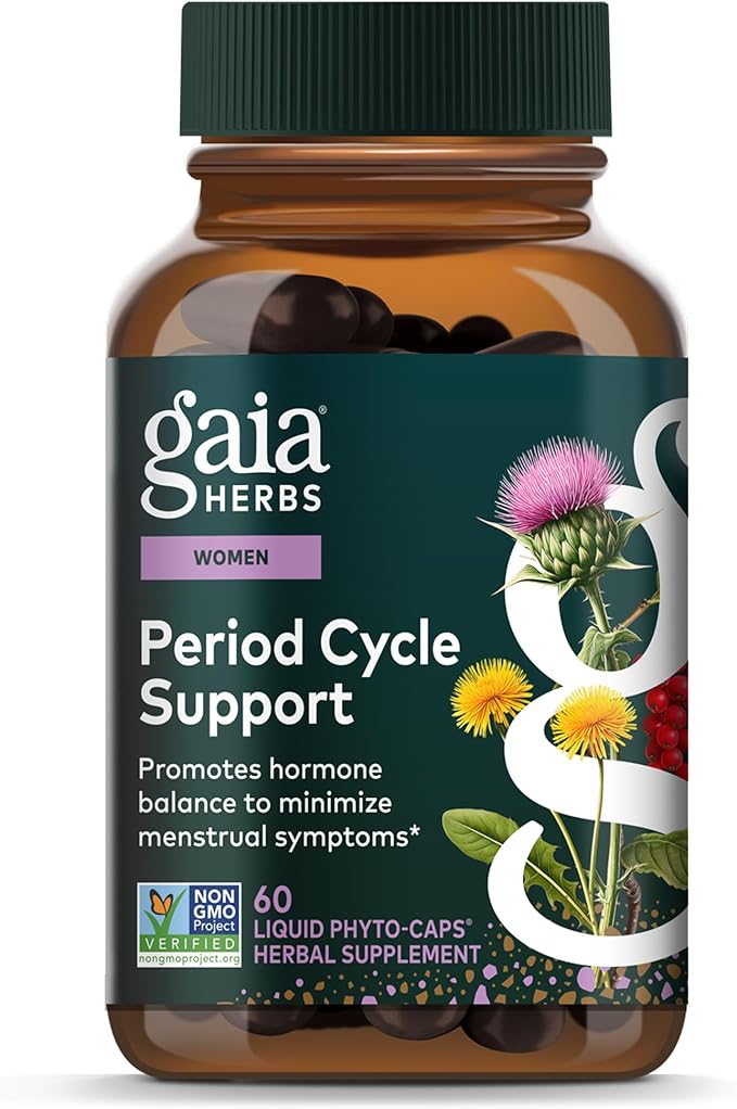 Gaia Herbs Period Cycle Support - Supports Hormone Balance & PMS Relief* - Herbal Supplement with Vitex Berry & Schisandra - Free from Gluten, Dairy & Soy - 60 Vegan Liquid Phyto-Caps (30 Servings)