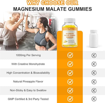 2 Pack Magnesium Malate Gummies 1000mg, High Absorption Magnesium Supplements for Adults & Kids, with L-Theanine, CoQ10 & Vitamin B6, Support Energy Production, Muscle Function, Non-GMO, Vegan, 120Ct
