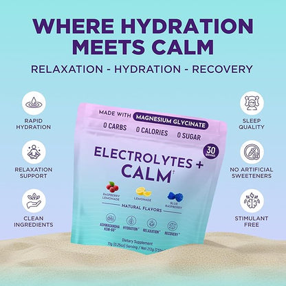 Keto Vitals Calm Magnesium Powder Packets Plus Electrolytes - Calming Drink Mix for Sleep - Natural Magnesium Glycinate Supplement with Ashwagandha KSM 66, L Theanine & Vitamin D - 30 Servings