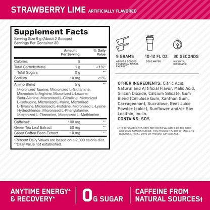 Optimum Nutrition Amino Energy - Pre Workout with Green Tea, BCAA, Amino Acids, Keto Friendly, Green Coffee Extract, Energy Powder - Strawberry Lime, 9.5 Ounce, 30 Servings (Packaging May Vary)