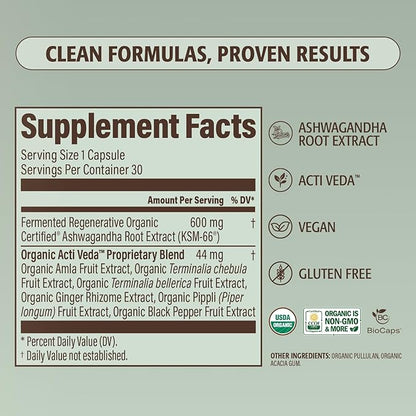 Regenerative Fermented KSM-66 Ashwagandha Vegan Capsules with Acti Veda™ (600mg, 30 Servings), Up to 150% More Effective Than KSM-66 Alone