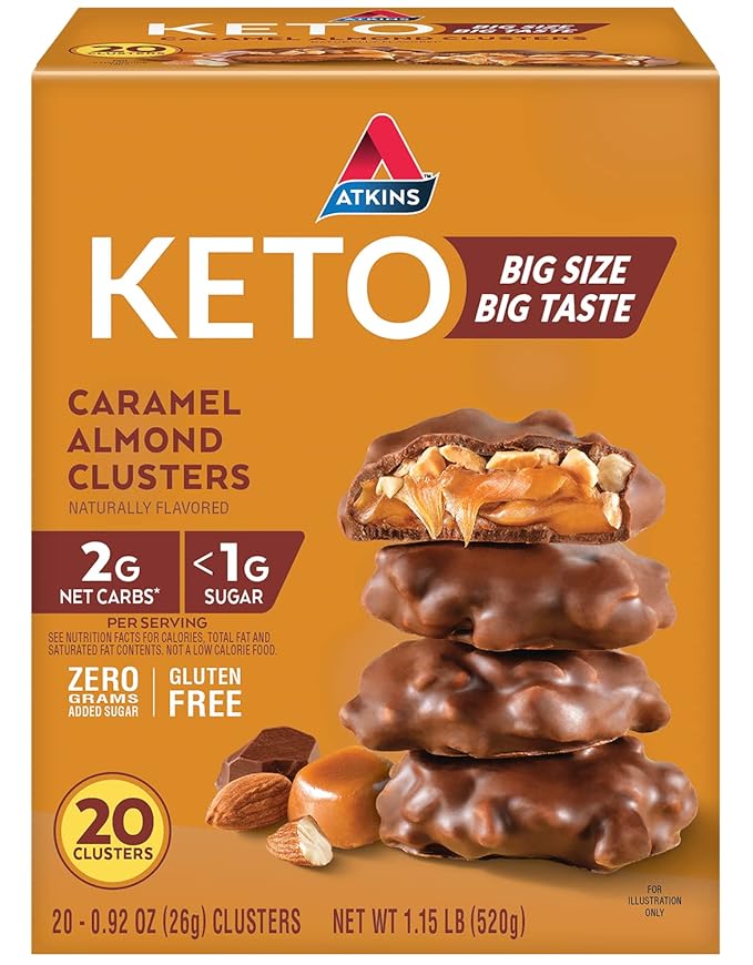 Atkins Caramel Almond Clusters, Gluten Free, High in Fiber, 1g Sugar, 2g Net Carb, Keto Friendly, 20 Count & Endulge Peanut Butter Cups, Dessert Favorite, Low Carb, 0g Sugar, 20 Count