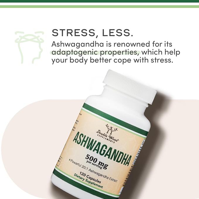 Ashwagandha Capsules, 120 Count (500mg Extract 20:1 Potency) Adaptogen Stress Relief by Double Wood