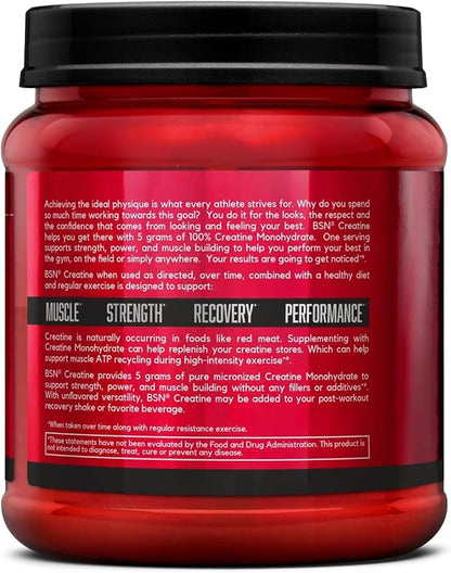 BSN Micronized Creatine Monohydrate Powder, Unflavored Creatine Powder, Micronized, Supports Muscle Building, Supports Muscle Strength, Gym Supplement, 5g per Serving, 5000mg per Servings, 60 Servings