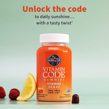 Garden of Life Vitamin Code D3 + K2 Gummies with Prebiotics & Probiotics for Digestion,2000 IU Vitamin D3 + 100 mcg K2 for Bone & ImmuneHealth forAdults,45 Raspberry Lemon Gummies(Pack of 2)